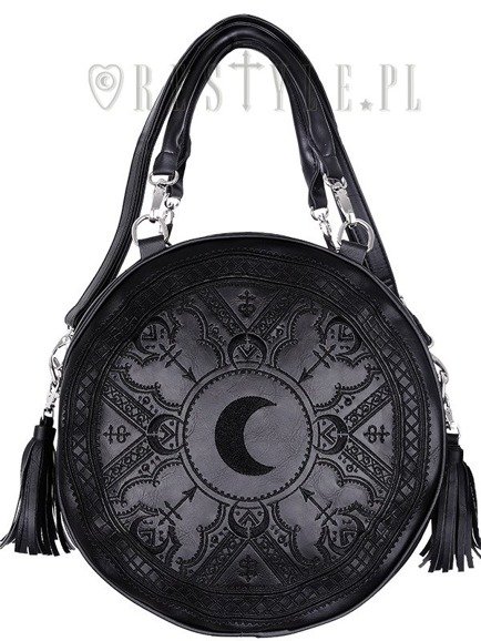 Czarna Okrągła torebka z frędzlami, torba z księżycem, haft "HENNA BLACK BAG"