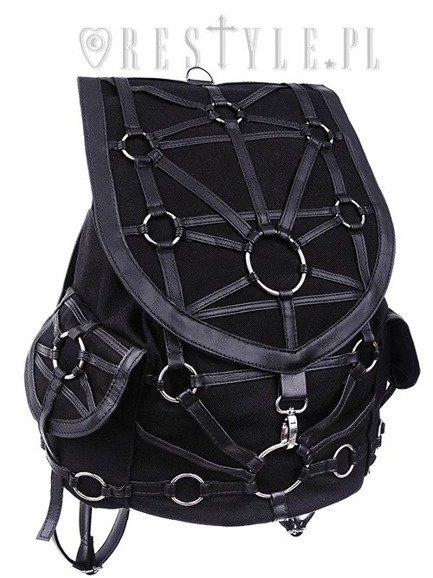 Czarny plecak z kieszeniami, harness, skórzane paski"O-RING BACKPACK"